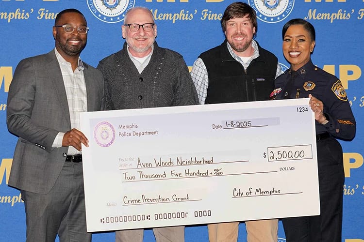 Avon Woods representatives receiving MPD Neighborhood Watch grant check from Memphis Mayor Paul Young and Memphis Police Chief CJ Davis, Jan. 8, 2025
